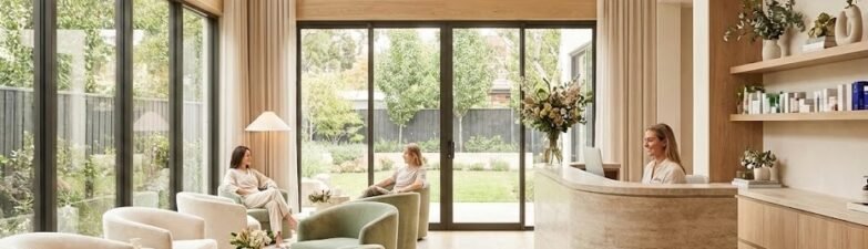Modern med spa lobby with natural light, neutral tones, and a calm luxury waiting area
