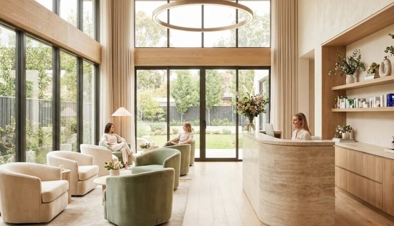 Modern med spa lobby with natural light, neutral tones, and a calm luxury waiting area