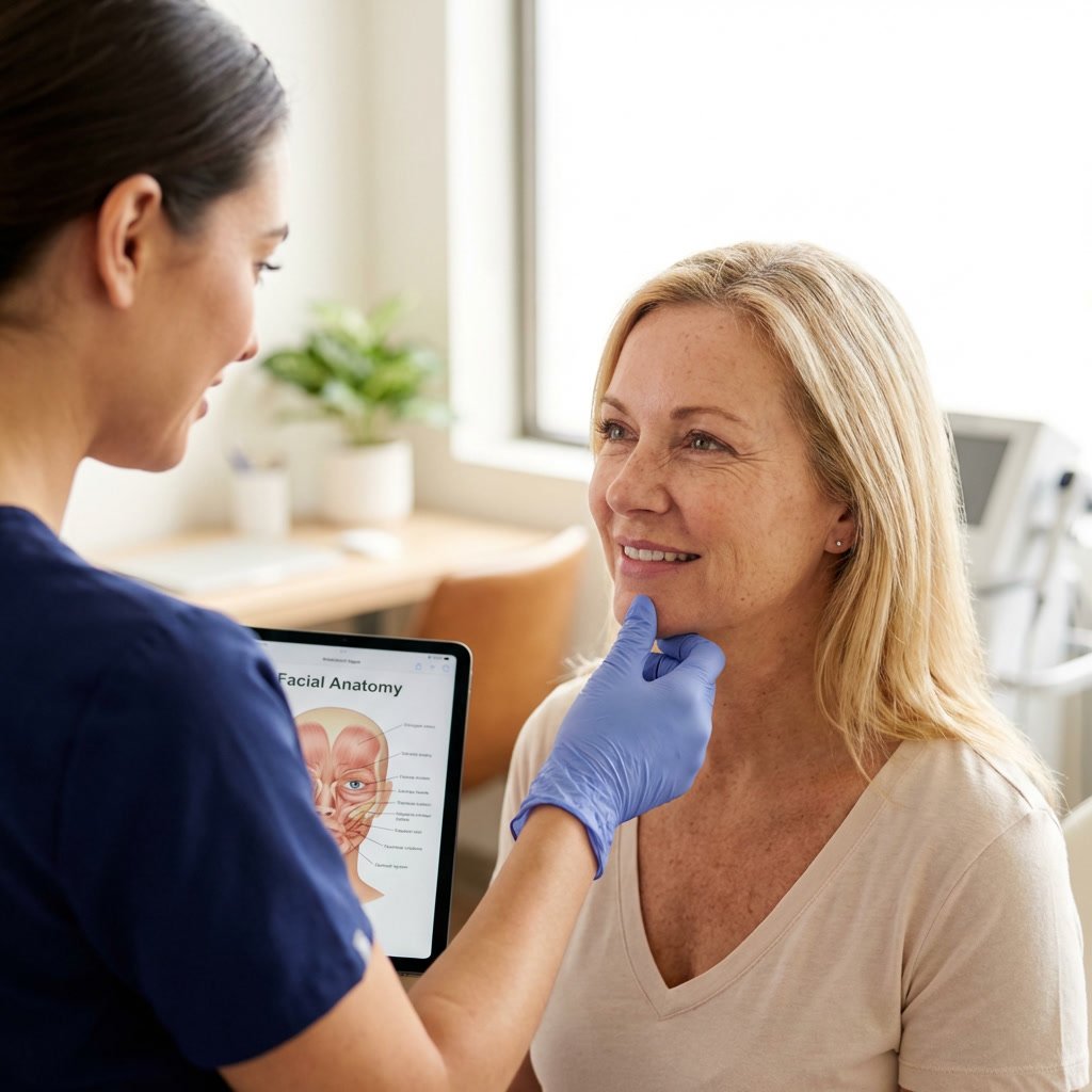 Clinician consulting with a patient and reviewing an under-eye treatment diagram during an aesthetic assessment