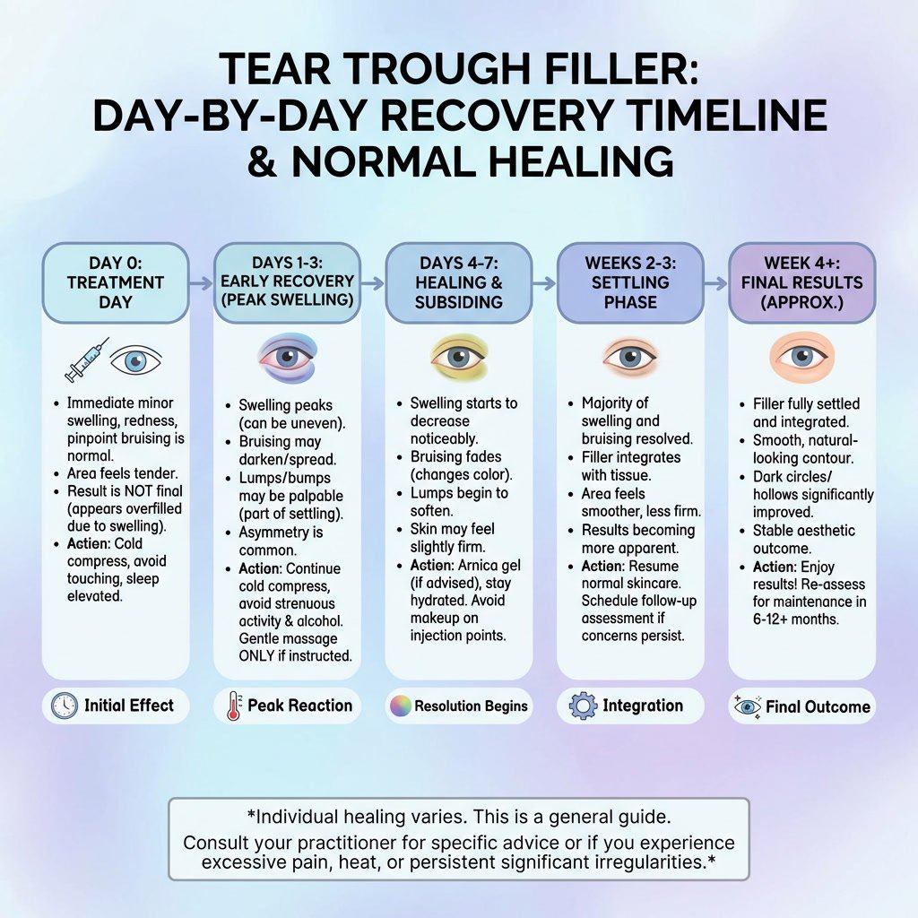 Under eye filler recovery timeline graphic showing typical swelling and bruising changes from day 0 through day 14