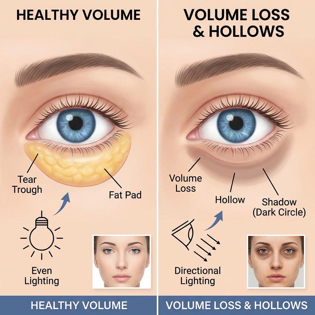 Diagram showing the tear trough area under the eye and where hollows create shadowing. Where under eye filler can be used