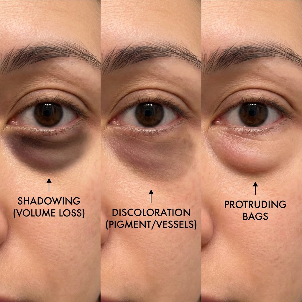 Side-by-side comparison illustrating under-eye hollows, dark circles from pigmentation or vessels, and true eye bags