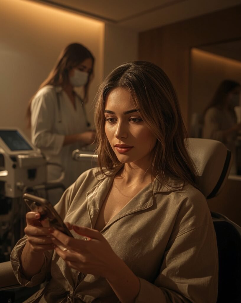 Woman sitting in med spa treatment chair checking her phone while provider prepares equipment in background