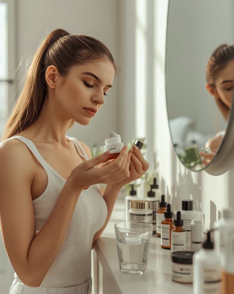 woman applying skincare routine in morning light with glowing skin surrounded by beauty products and clock on vanity natural skincare ritual. skin care routine for busy moms