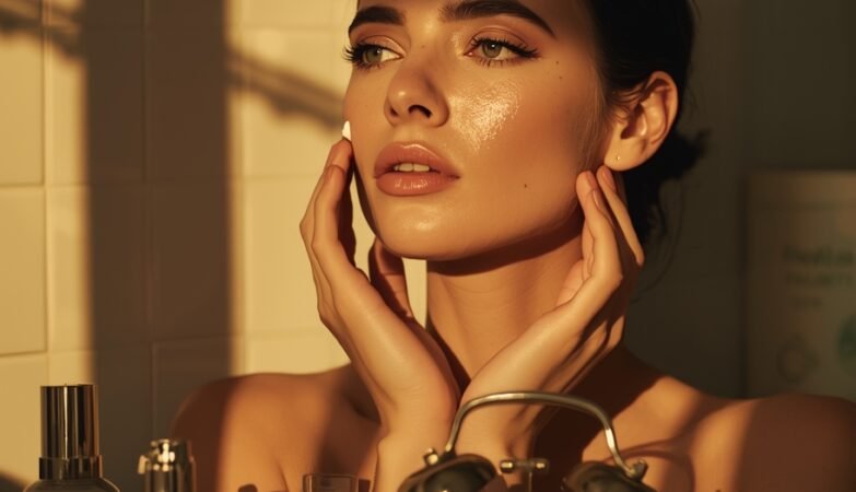 woman applying face cream during morning skincare routine at vanity with serums bottles and natural light minimalist beauty setting