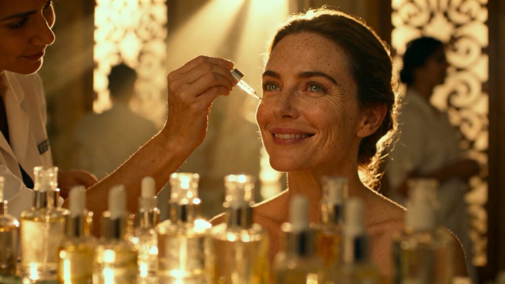 woman receiving facial serum treatment with dropper in luxury spa environment surrounded by skincare products warm lighting and glowing complexion