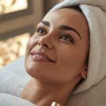 woman receiving relaxing facial treatment in luxury spa setting with glowing skin towel wrap and soft ambient lighting skincare procedure close up