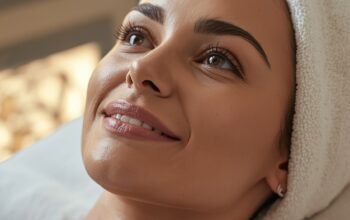 woman receiving relaxing facial treatment in luxury spa setting with glowing skin towel wrap and soft ambient lighting skincare procedure close up