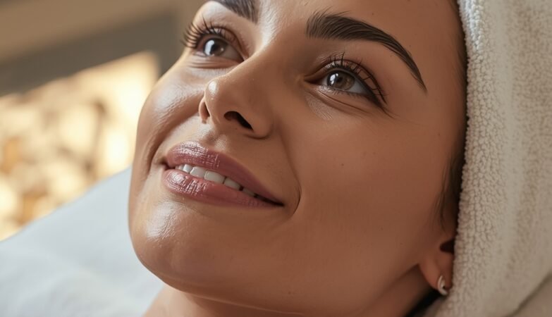 woman receiving relaxing facial treatment in luxury spa setting with glowing skin towel wrap and soft ambient lighting skincare procedure close up