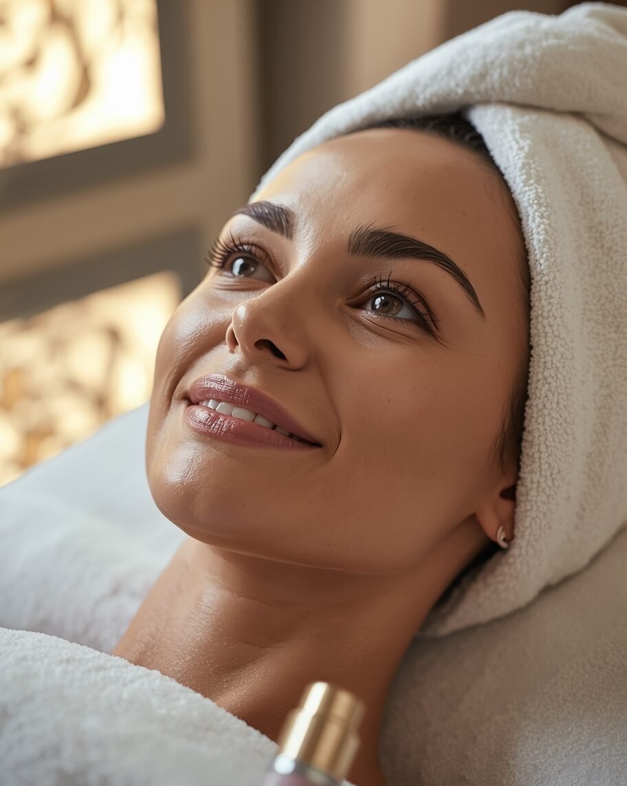 woman receiving relaxing facial treatment in luxury spa setting with glowing skin towel wrap and soft ambient lighting skincare procedure close up