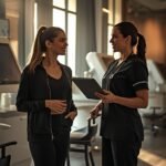 woman consulting with aesthetic nurse in modern medical spa clinic discussing skincare treatment plan with tablet device and advanced equipment in background