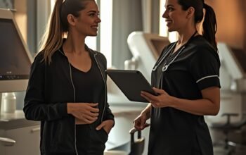 woman consulting with aesthetic nurse in modern medical spa clinic discussing skincare treatment plan with tablet device and advanced equipment in background