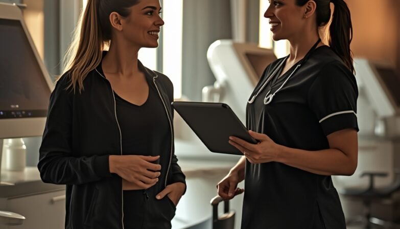woman consulting with aesthetic nurse in modern medical spa clinic discussing skincare treatment plan with tablet device and advanced equipment in background