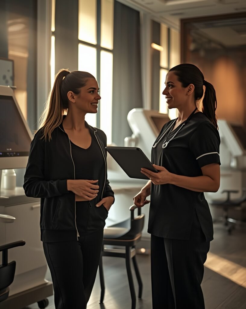 woman consulting with aesthetic nurse in modern medical spa clinic discussing skincare treatment plan with tablet device and advanced equipment in background