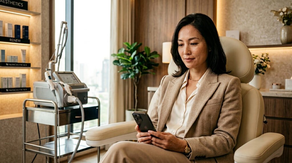woman sitting in med spa treatment chair researching facial treatments for aging skin