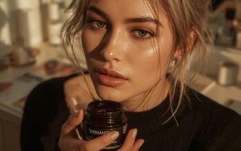 mom examining moisturizer at vanity as part of her glowing skin at-home routine