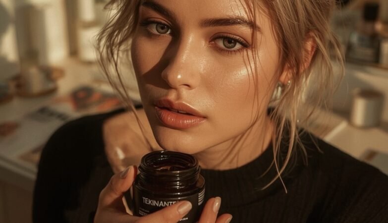 mom examining moisturizer at vanity as part of her glowing skin at-home routine