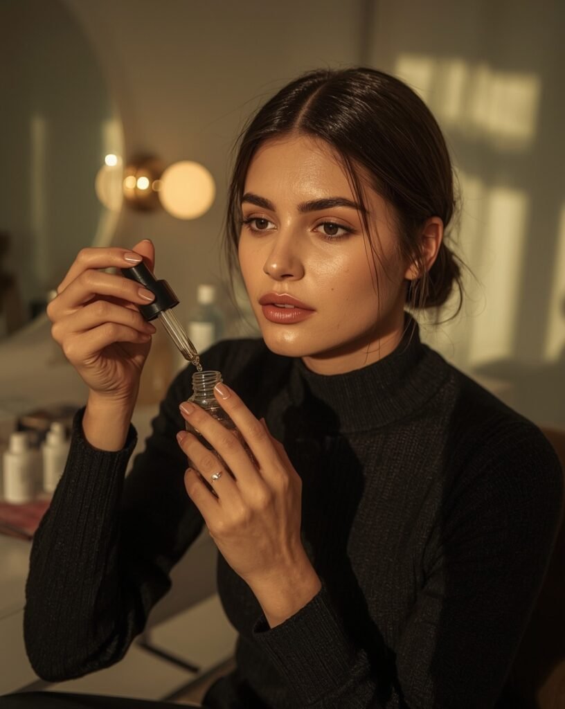 mom applying vitamin C serum as part of her glowing skin morning routine
