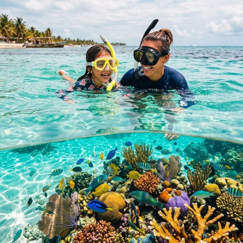 family snorkeling the Belize Barrier Reef on an international vacation with kids. International destinations for your family vacation