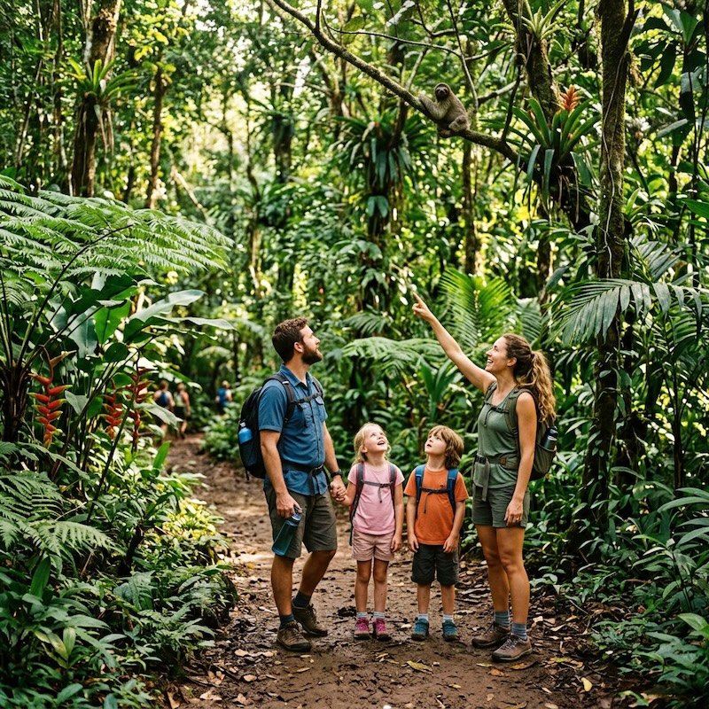 family on a Costa Rica vacation discovering wildlife on a rainforest trail with kids