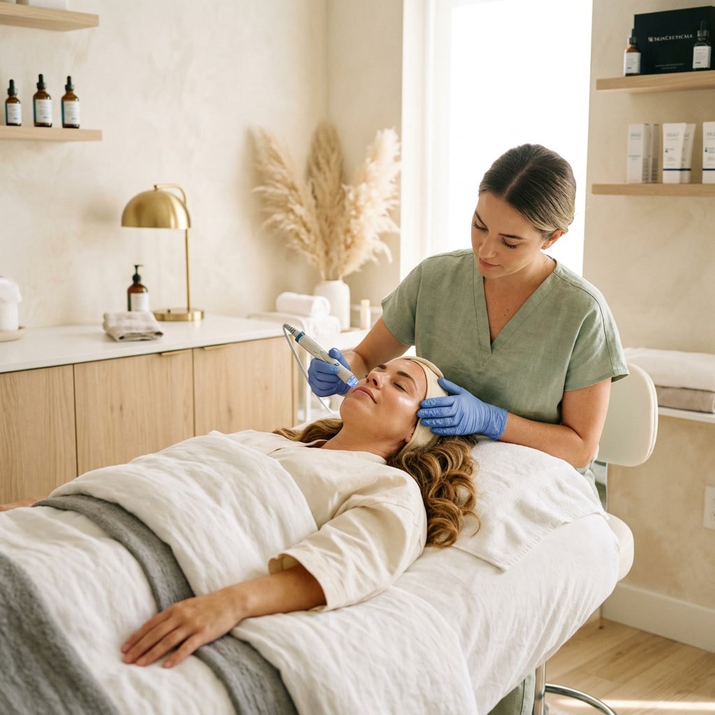 woman receiving a non-invasive skin treatment at a med spa for a natural radiant look. Non-Invasive Treatment for a Natural Look: The Busy Mom's Guide to a Subtle, Refreshed Face