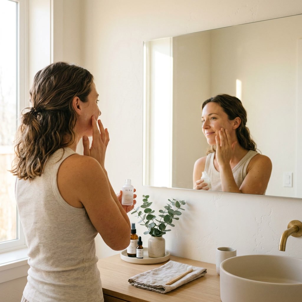 mom applying gentle skincare after a non-invasive treatment for a natural look