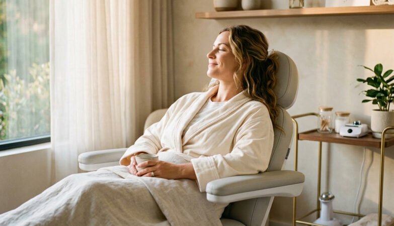 busy mom receiving a non-invasive treatment for a natural look at a med spa