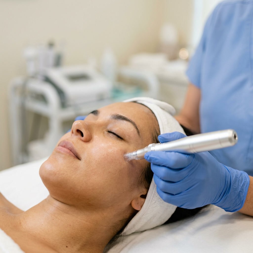 RF microneedling pen being applied to womans cheek skin care treatment for acne scarring