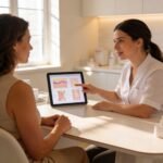 mom discussing skin care treatment options with provider at med spa consultation