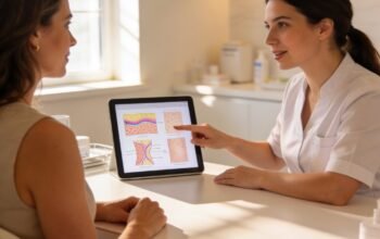 mom discussing skin care treatment options with provider at med spa consultation