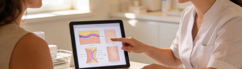 mom discussing skin care treatment options with provider at med spa consultation