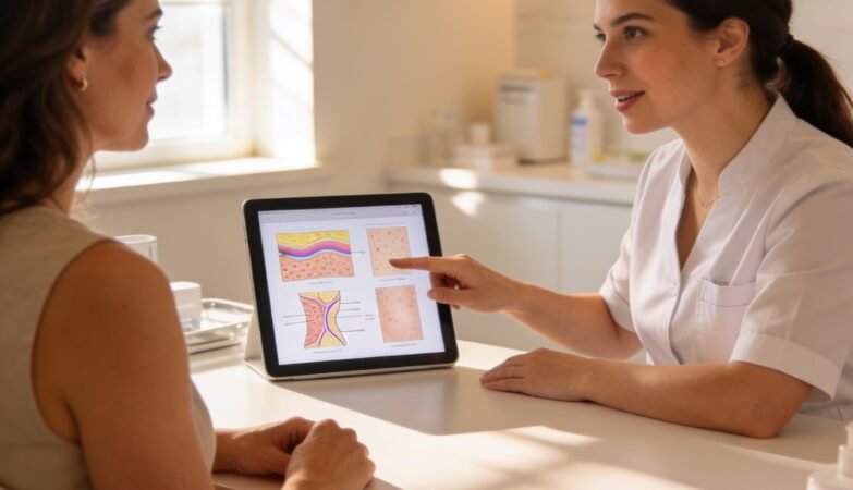 mom discussing skin care treatment options with provider at med spa consultation